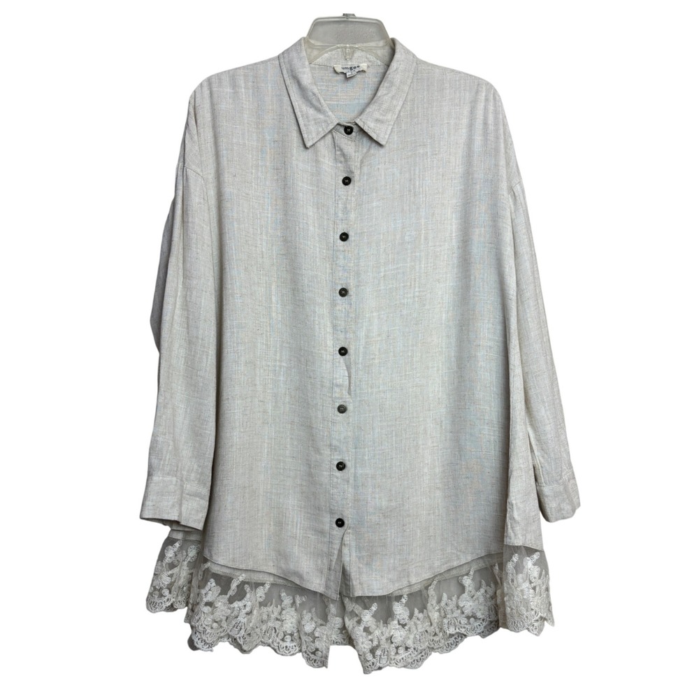 Umgee Linen Blend Lace Trim Shirt Womens Small S‎ Oatmeal Boho Roll Tab Neutral